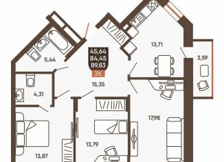 Трехкомнатная квартира на продажу, 89.8 м2, Новосибирск, Калининский район, Новоуральская улица, 10