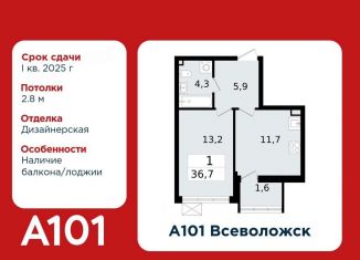 Продается 1-ком. квартира, 36.7 м2, Всеволожск, микрорайон Южный, 3.2