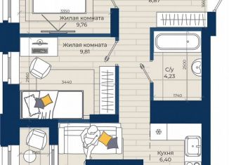 Продается 2-ком. квартира, 54.9 м2, Казань, Советский район