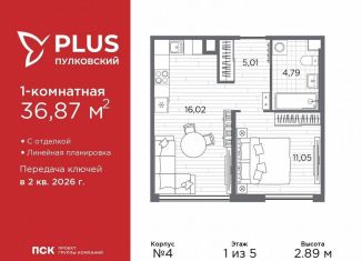 Продается 1-комнатная квартира, 36.9 м2, Санкт-Петербург, муниципальный округ Пулковский Меридиан