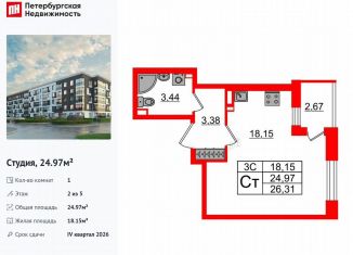 Продажа квартиры студии, 25 м2, Санкт-Петербург, муниципальный округ Пулковский Меридиан