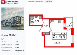 Продажа квартиры студии, 25.1 м2, Санкт-Петербург, муниципальный округ Пулковский Меридиан