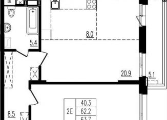 Продается 2-комнатная квартира, 63.9 м2, деревня Пирогово, улица Ильинского, 8, ЖК Пироговская Ривьера